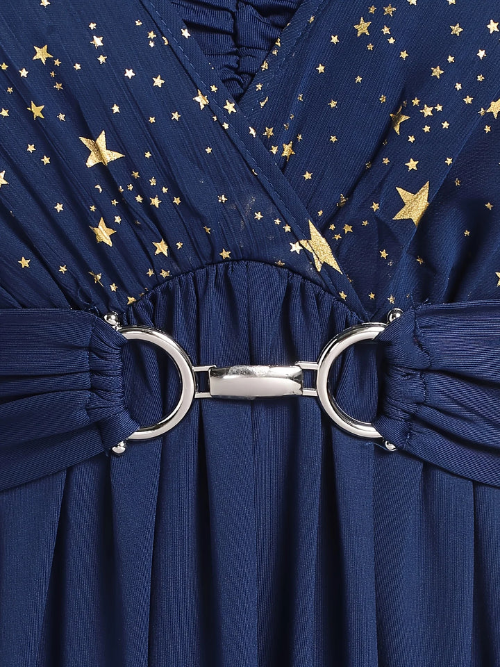 Star Print Pleated Butterfly Sleeve Dress