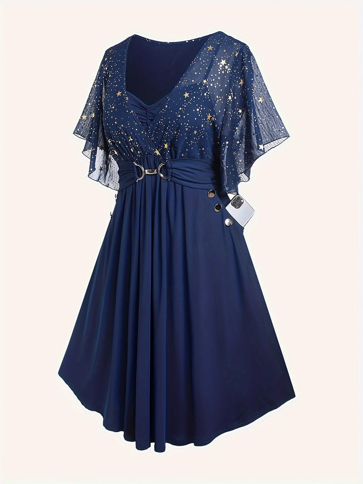 Star Print Pleated Butterfly Sleeve Dress