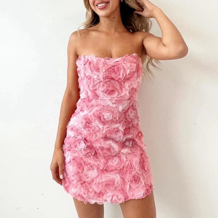 Strapless 3D Floral Appliqué Mini Dress