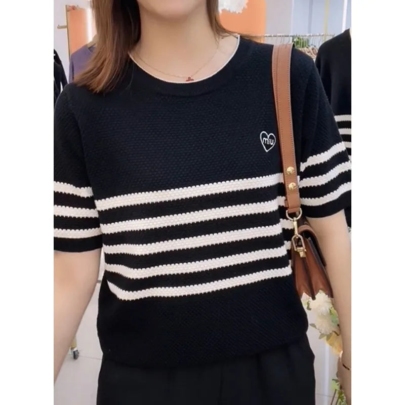 Striped Cashmere Short Sleeve Pullover