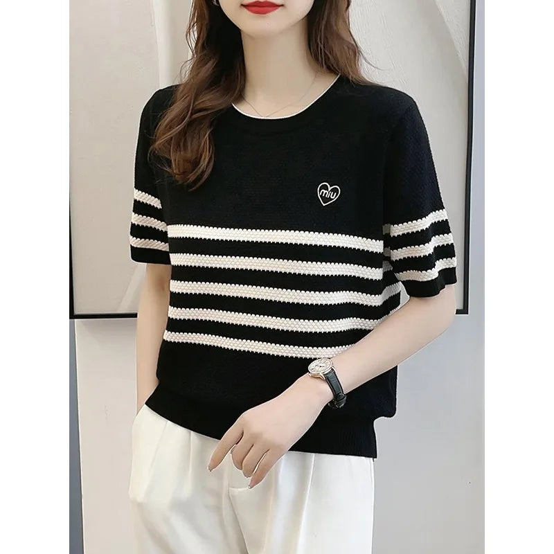 Striped Cashmere Short Sleeve Pullover