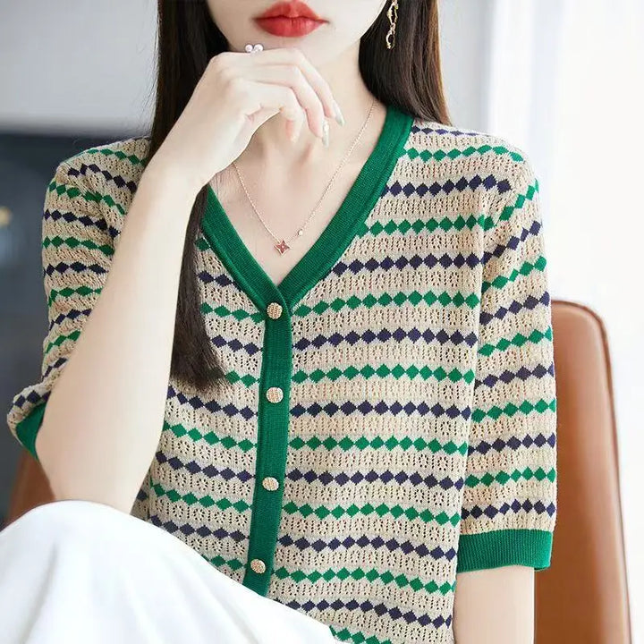 Striped Knit V-Neck Short Sleeve Cardigan Top
