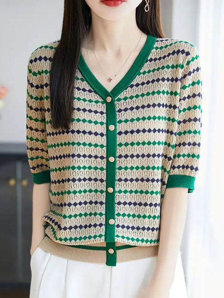 Striped Knit V-Neck Short Sleeve Cardigan Top