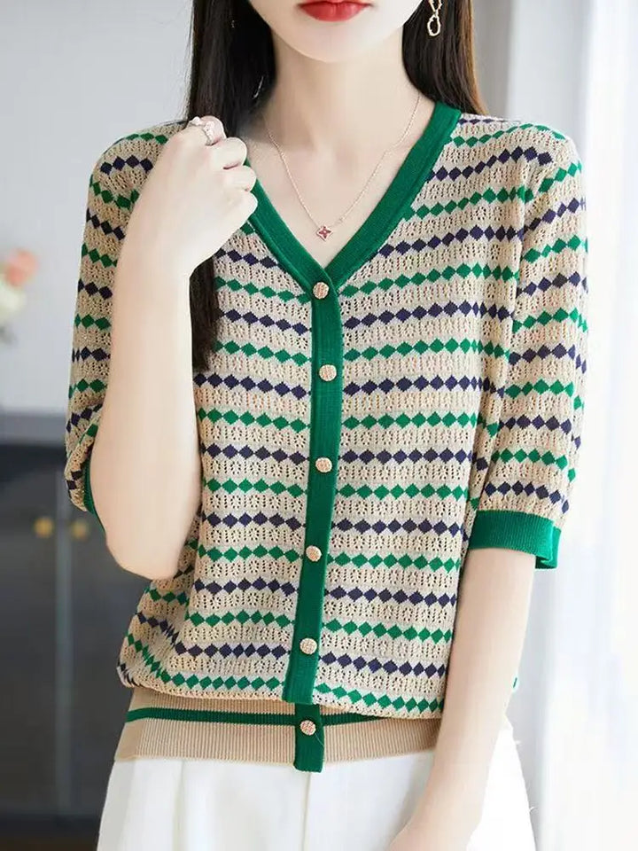 Striped Knit V-Neck Short Sleeve Cardigan Top