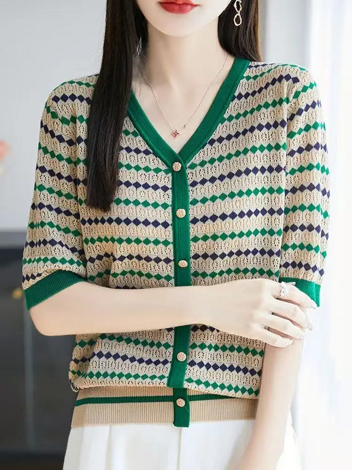 Striped Knit V-Neck Short Sleeve Cardigan Top