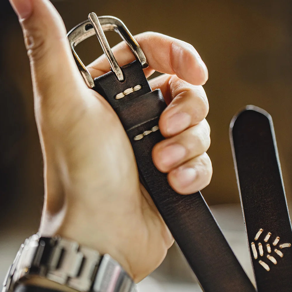 Thin Genuine Cowhide Stitched Retro Belt