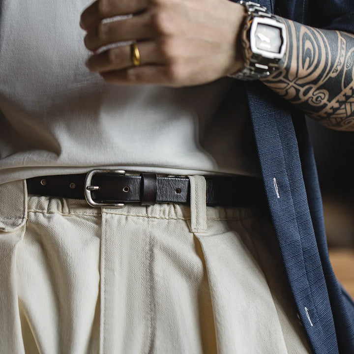 Thin Genuine Cowhide Stitched Retro Belt