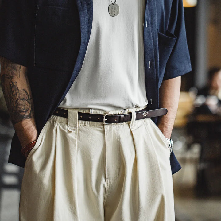 Thin Genuine Cowhide Stitched Retro Belt