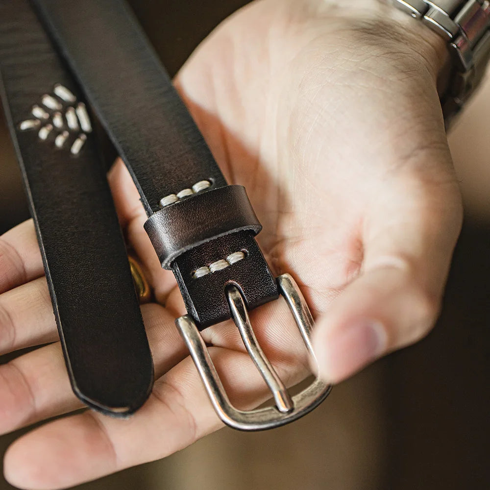Thin Genuine Cowhide Stitched Retro Belt