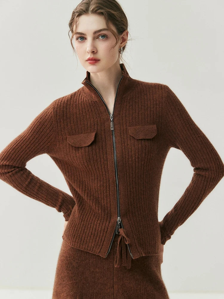 Turtleneck Cashmere Cardigan Double-Zipper