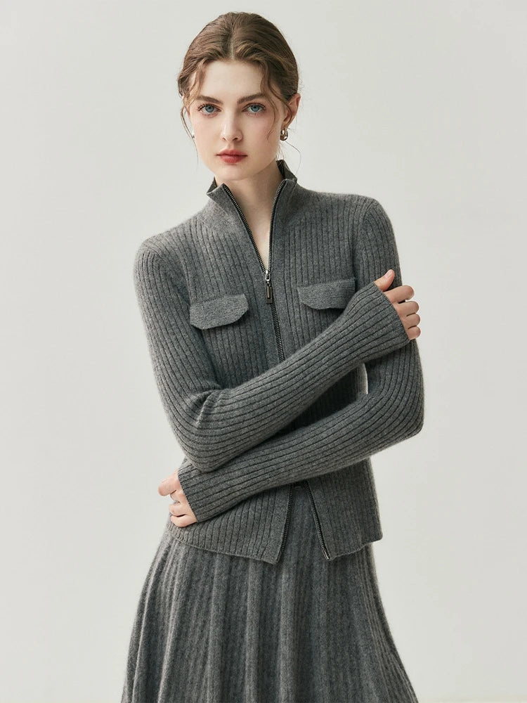 Turtleneck Cashmere Cardigan Double-Zipper