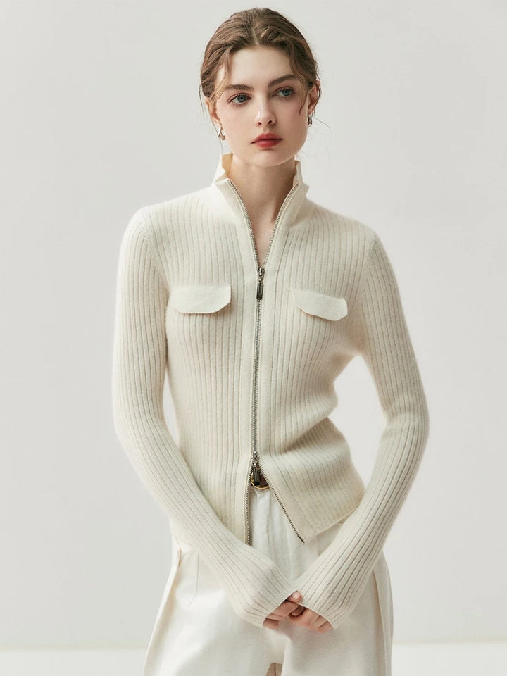 Turtleneck Cashmere Cardigan Double-Zipper