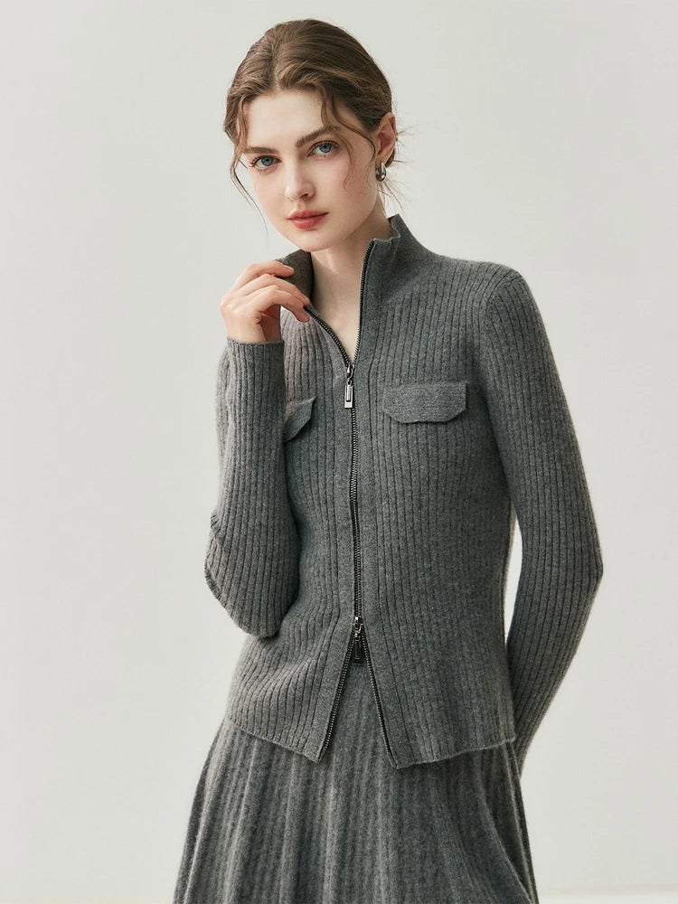 Turtleneck Cashmere Cardigan Double-Zipper