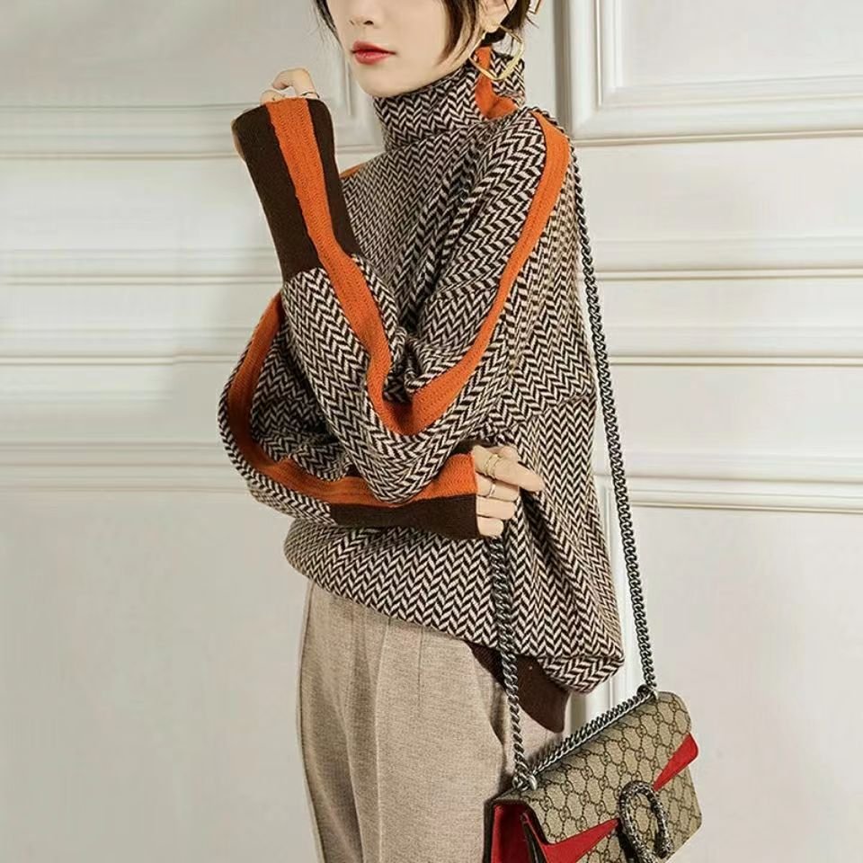Herringbone Turtleneck Knit Sweater