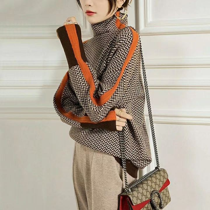 Herringbone Turtleneck Knit Sweater