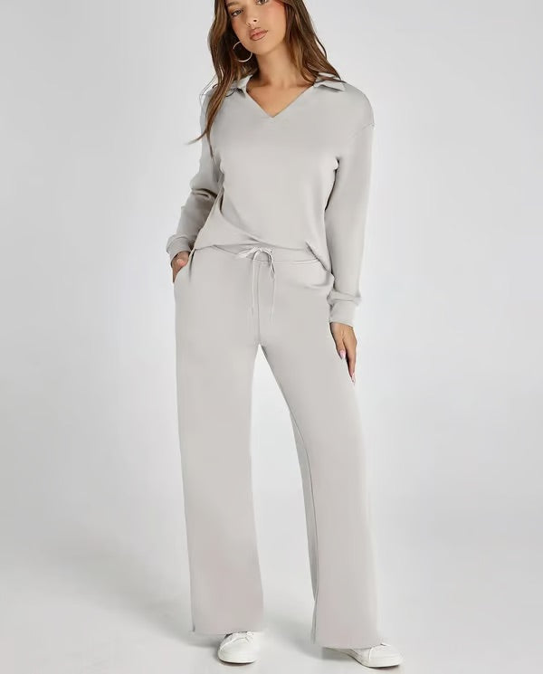 Two-Piece Set V-Neck Sweatshirt Elastic Trousers