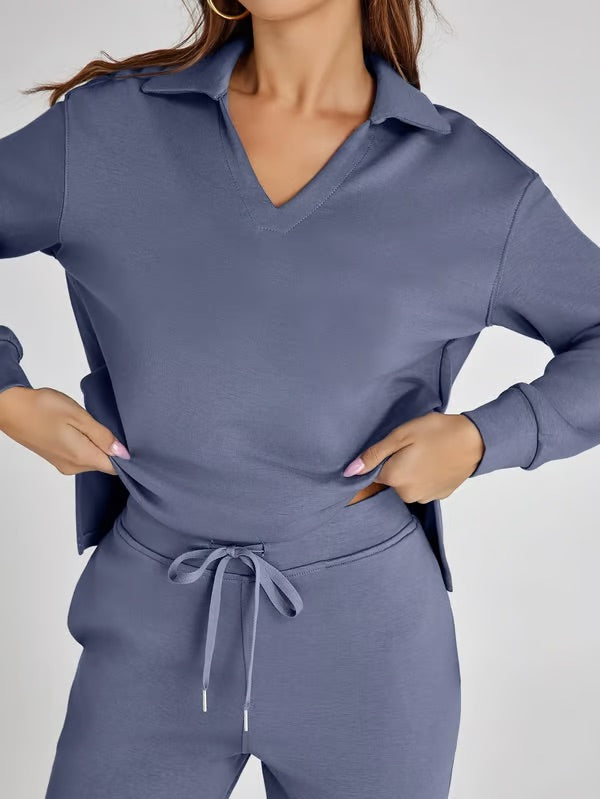 Two-Piece Set V-Neck Sweatshirt Elastic Trousers