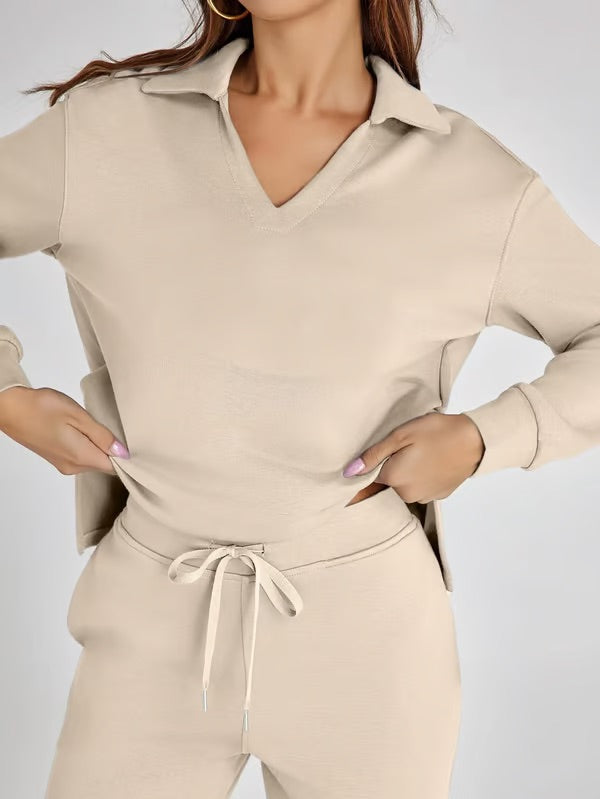 Two-Piece Set V-Neck Sweatshirt Elastic Trousers