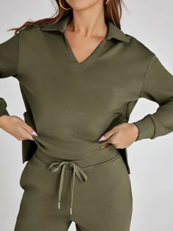 Two-Piece Set V-Neck Sweatshirt Elastic Trousers