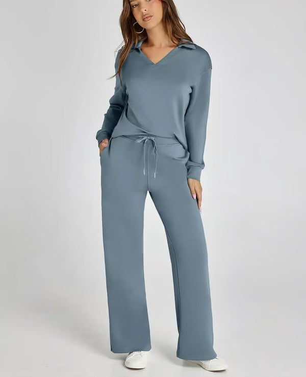 Two-Piece Set V-Neck Sweatshirt Elastic Trousers
