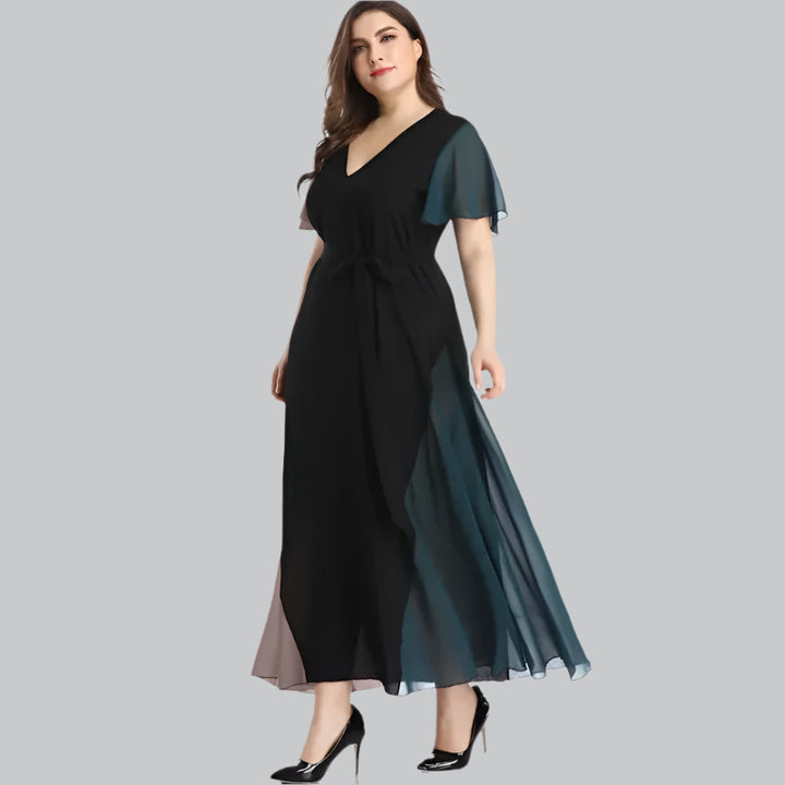 Contrast Chiffon Panel V-Neck Maxi Dress