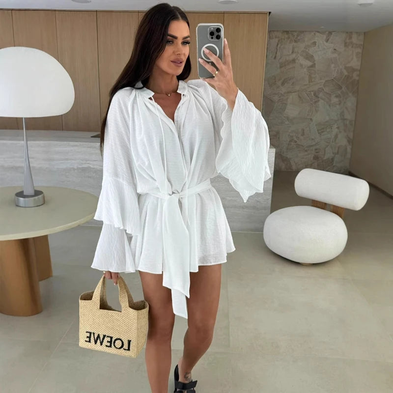 V-Neck Ruffle Flare Sleeve Mini Dress
