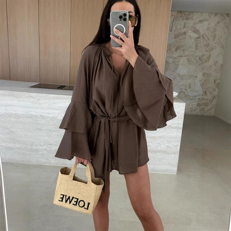 V-Neck Ruffle Flare Sleeve Mini Dress
