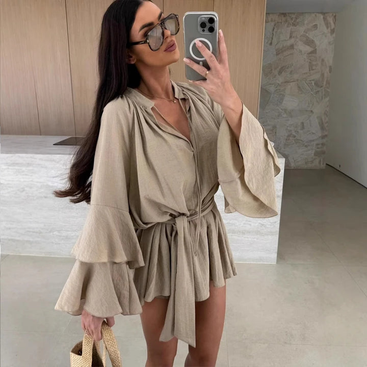 V-Neck Ruffle Flare Sleeve Mini Dress