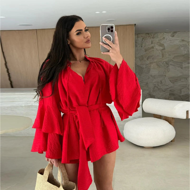 V-Neck Ruffle Flare Sleeve Mini Dress