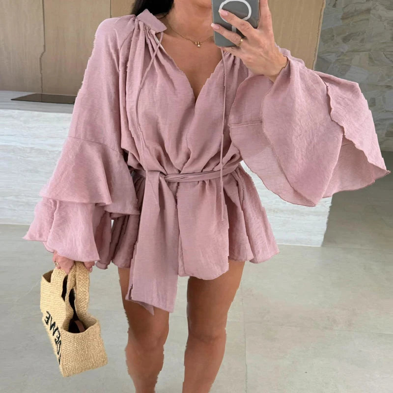 V-Neck Ruffle Flare Sleeve Mini Dress