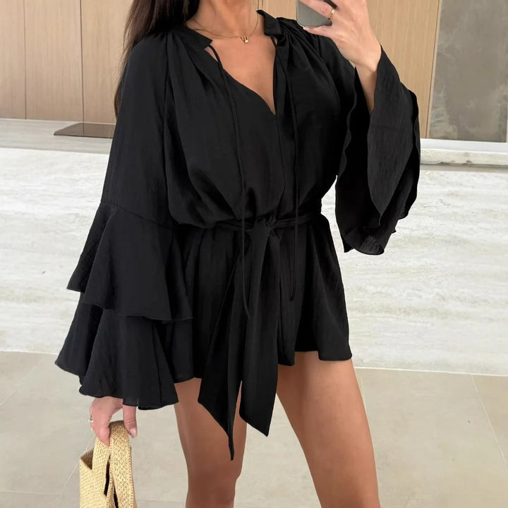 V-Neck Ruffle Flare Sleeve Mini Dress