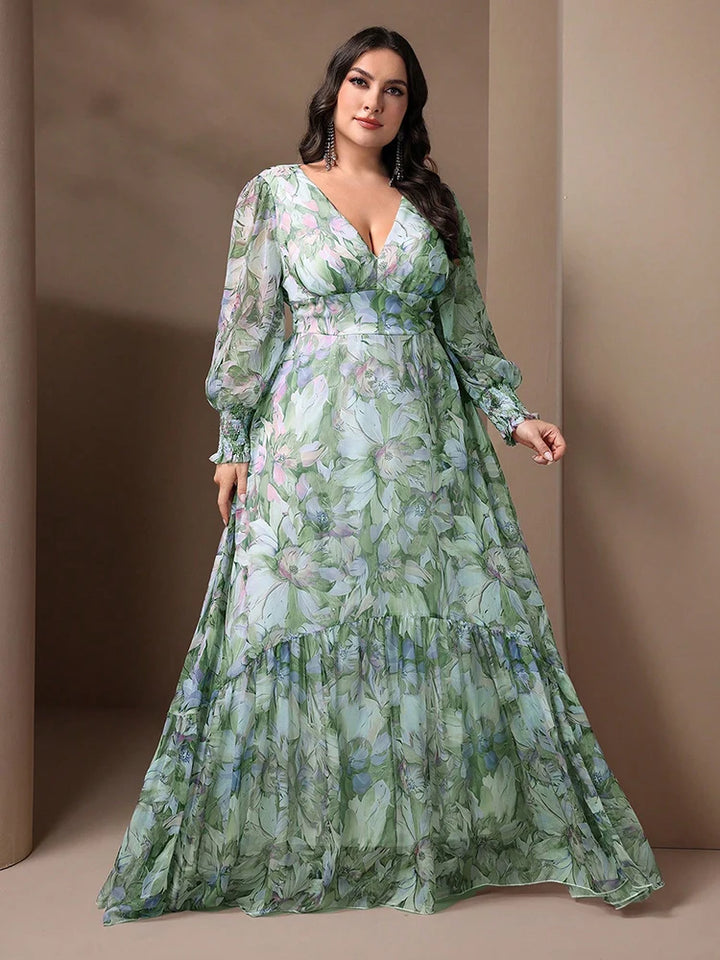 Floral Maxi V-Neck Lantern Sleeve Dress