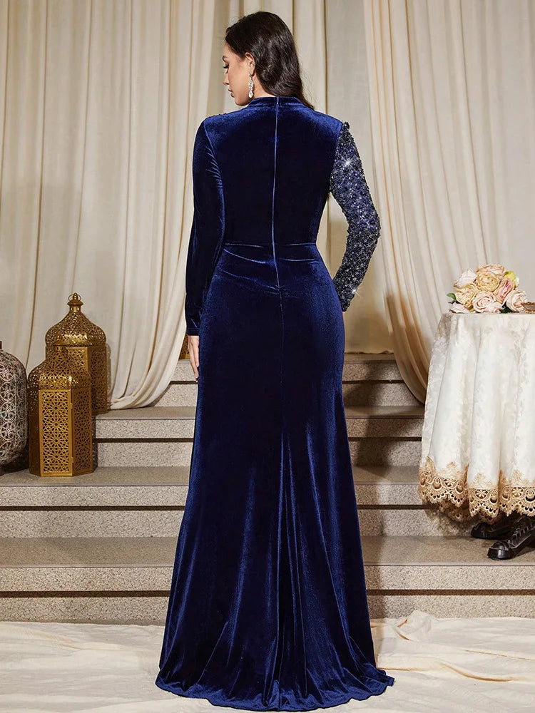 Velvet Beaded Embroidered Evening Gown