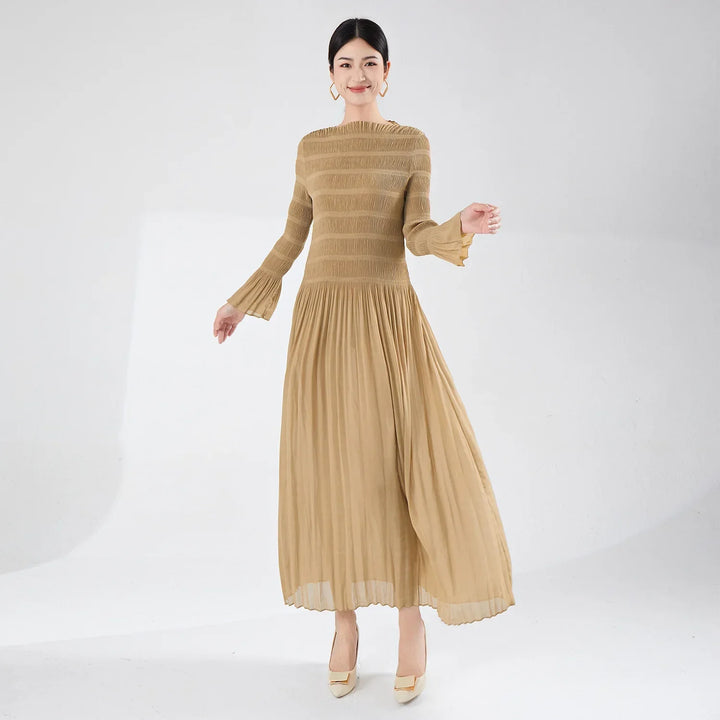 Vera | Elegant Miyake Pleated Long Sleeve Maxi Women's Dress