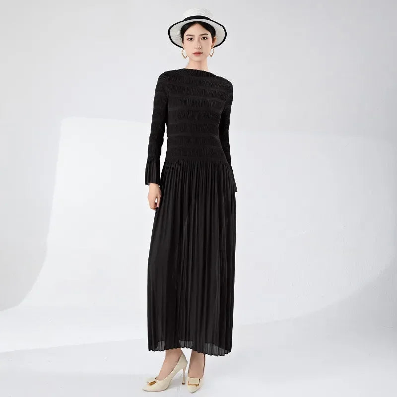 Vera | Elegant Miyake Pleated Long Sleeve Maxi Women's Dress
