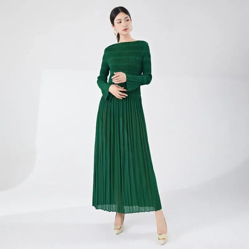 Vera | Elegant Miyake Pleated Long Sleeve Maxi Women's Dress