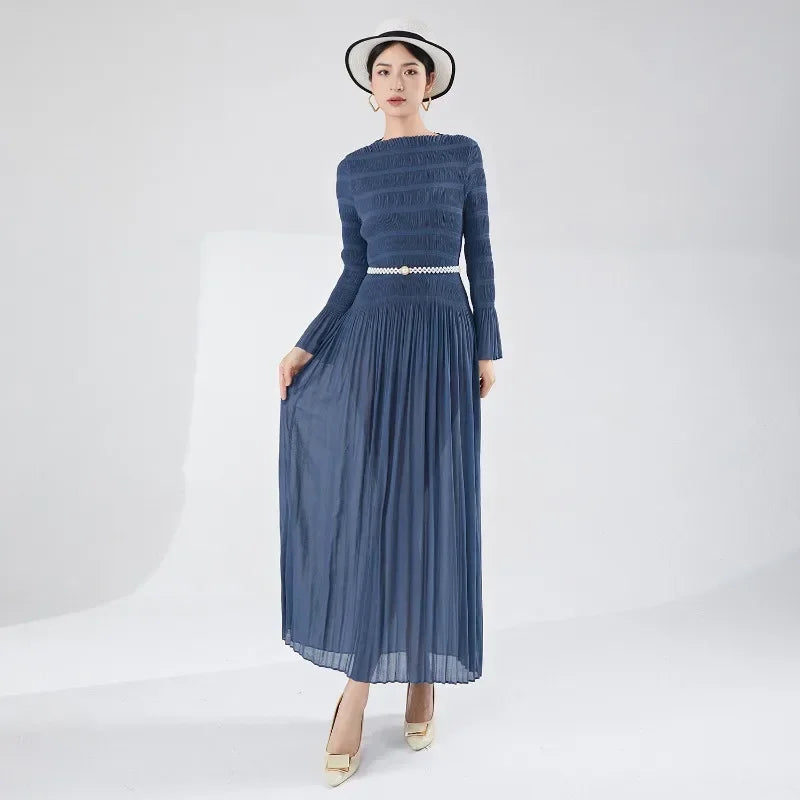 Vera | Elegant Miyake Pleated Long Sleeve Maxi Women's Dress