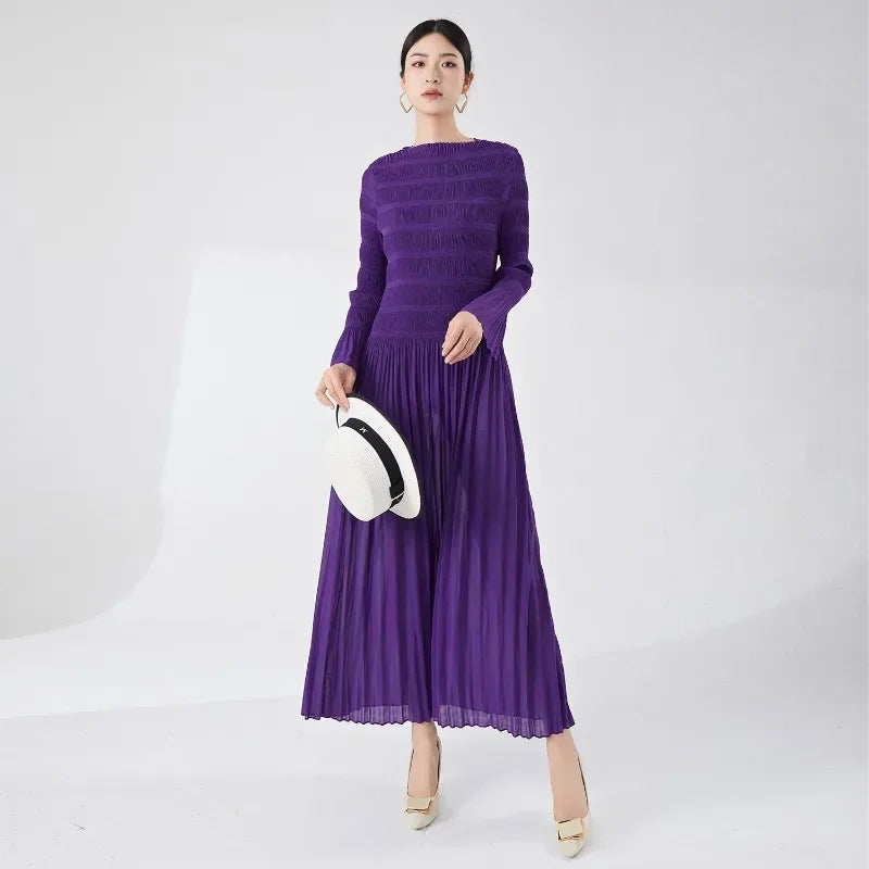 Vera | Elegant Miyake Pleated Long Sleeve Maxi Women's Dress