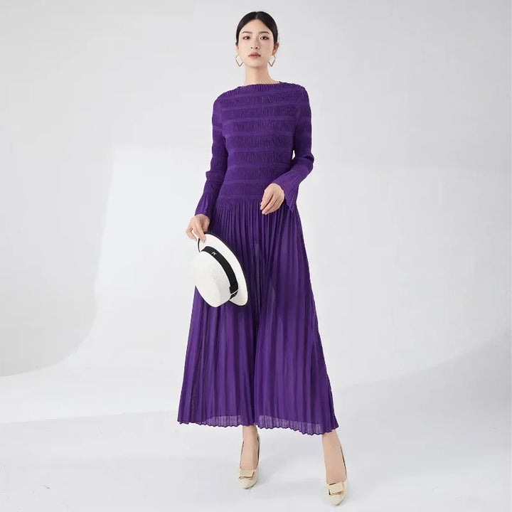 Vera | Elegant Miyake Pleated Long Sleeve Maxi Women's Dress