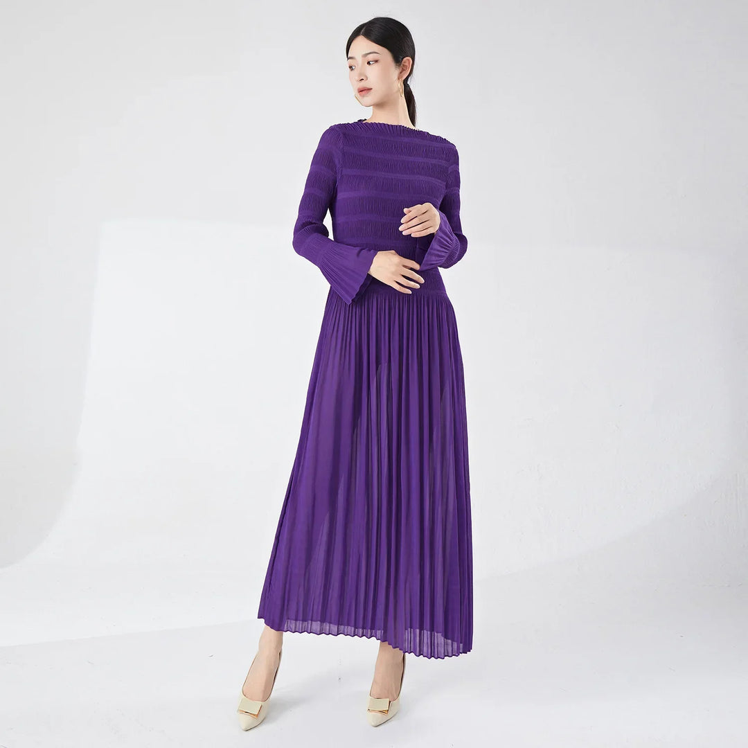 Vera | Elegant Miyake Pleated Long Sleeve Maxi Women's Dress