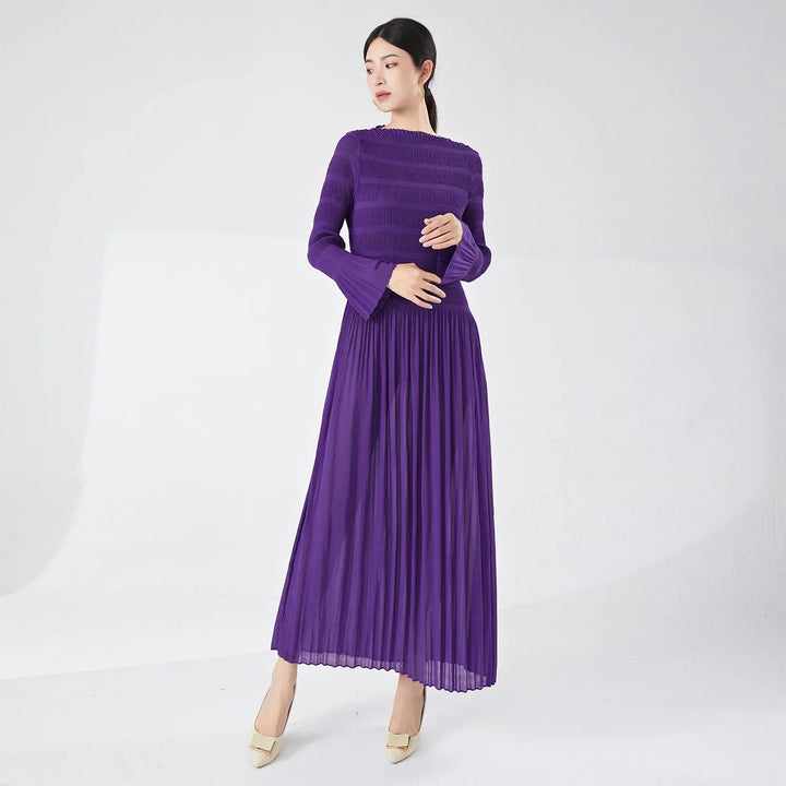 Vera | Elegant Miyake Pleated Long Sleeve Maxi Women's Dress