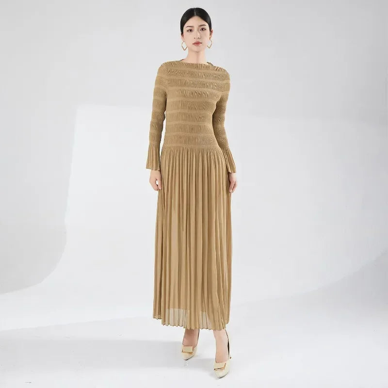 Vera | Elegant Miyake Pleated Long Sleeve Maxi Women's Dress