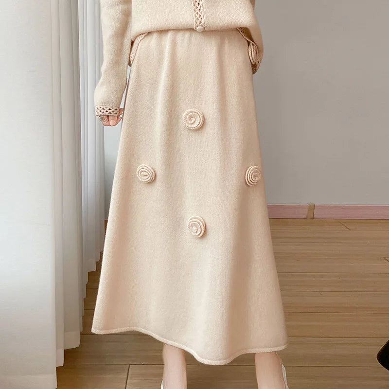 Vera | Merino Wool Women's Embroidered A-Line Midi Skirt