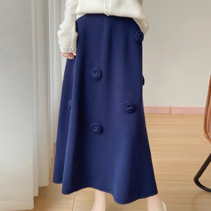 Vera | Merino Wool Women's Embroidered A-Line Midi Skirt