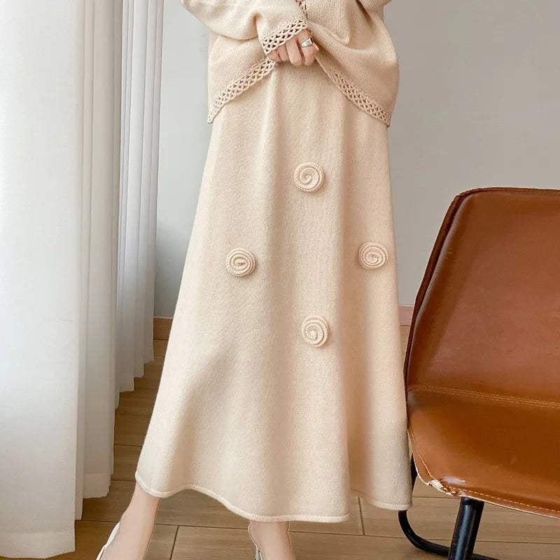 Vera | Merino Wool Women's Embroidered A-Line Midi Skirt