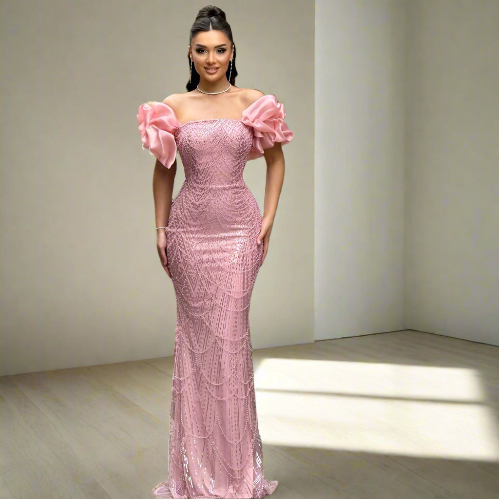 Vera | Off-Shoulder Pearl Embellished Mermaid Evening Gown
