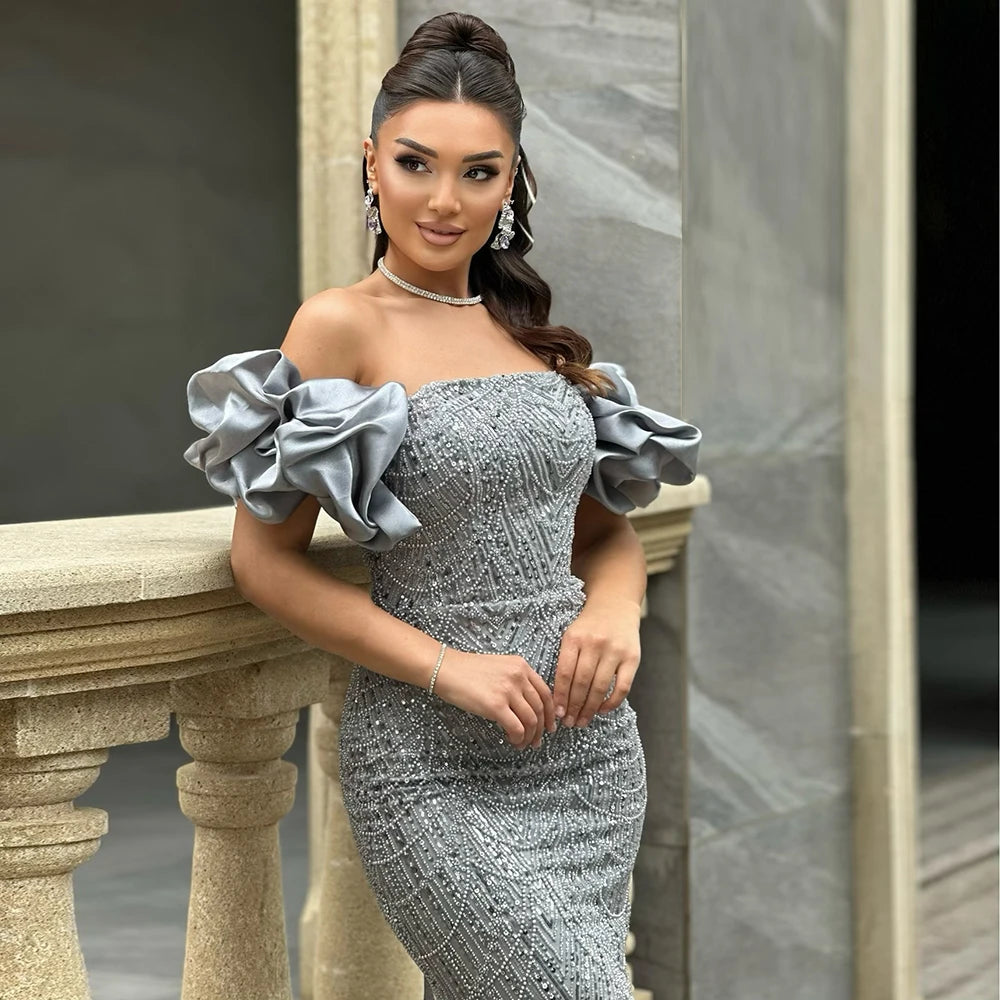 Vera | Off-Shoulder Pearl Embellished Mermaid Evening Gown