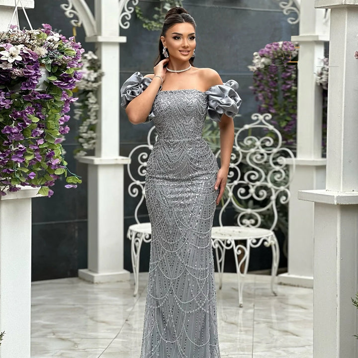 Vera | Off-Shoulder Pearl Embellished Mermaid Evening Gown