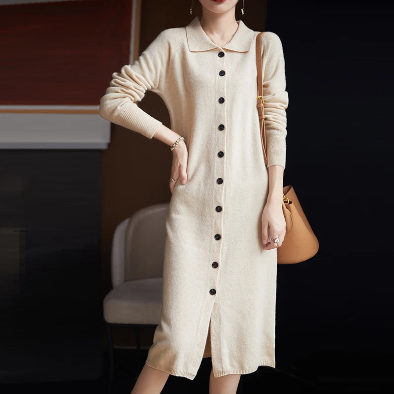Vera | Women's Merino Wool Button-Up Long Cardigan Dress