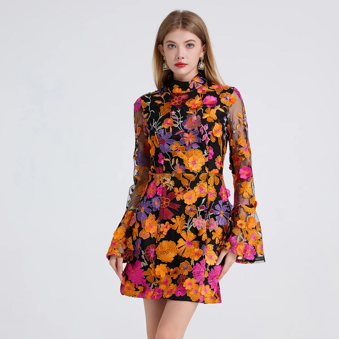 Vibrant Floral Embroidered Mesh Mini Dress